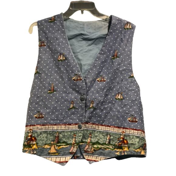 EUC 1990's Blue Cotton Vest Sail Boats Summer New England Vintage Cottage Core‎ - Picture 1 of 8